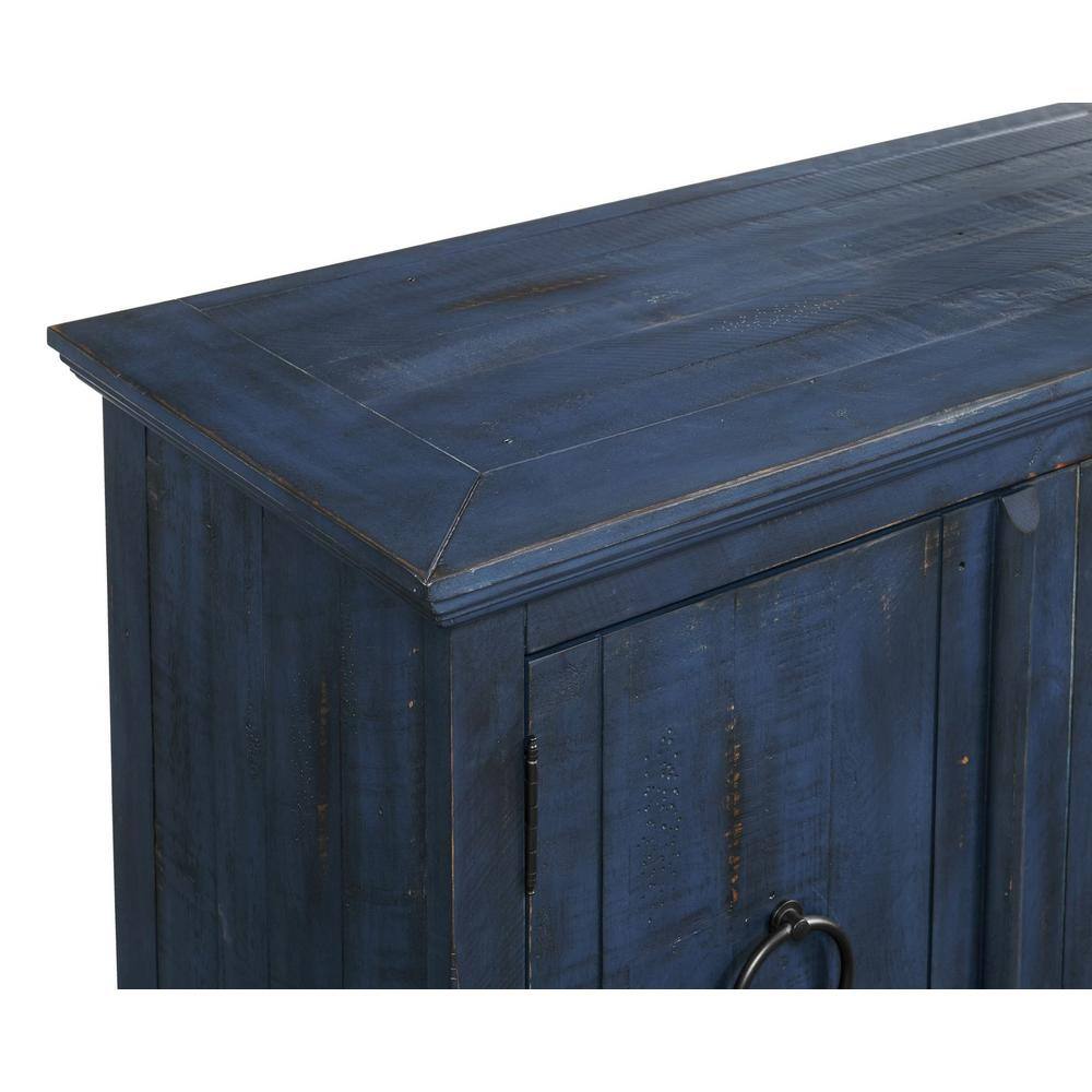 Rustic Blue 65" Solid Pine Wood TV Stand with Cabinet
