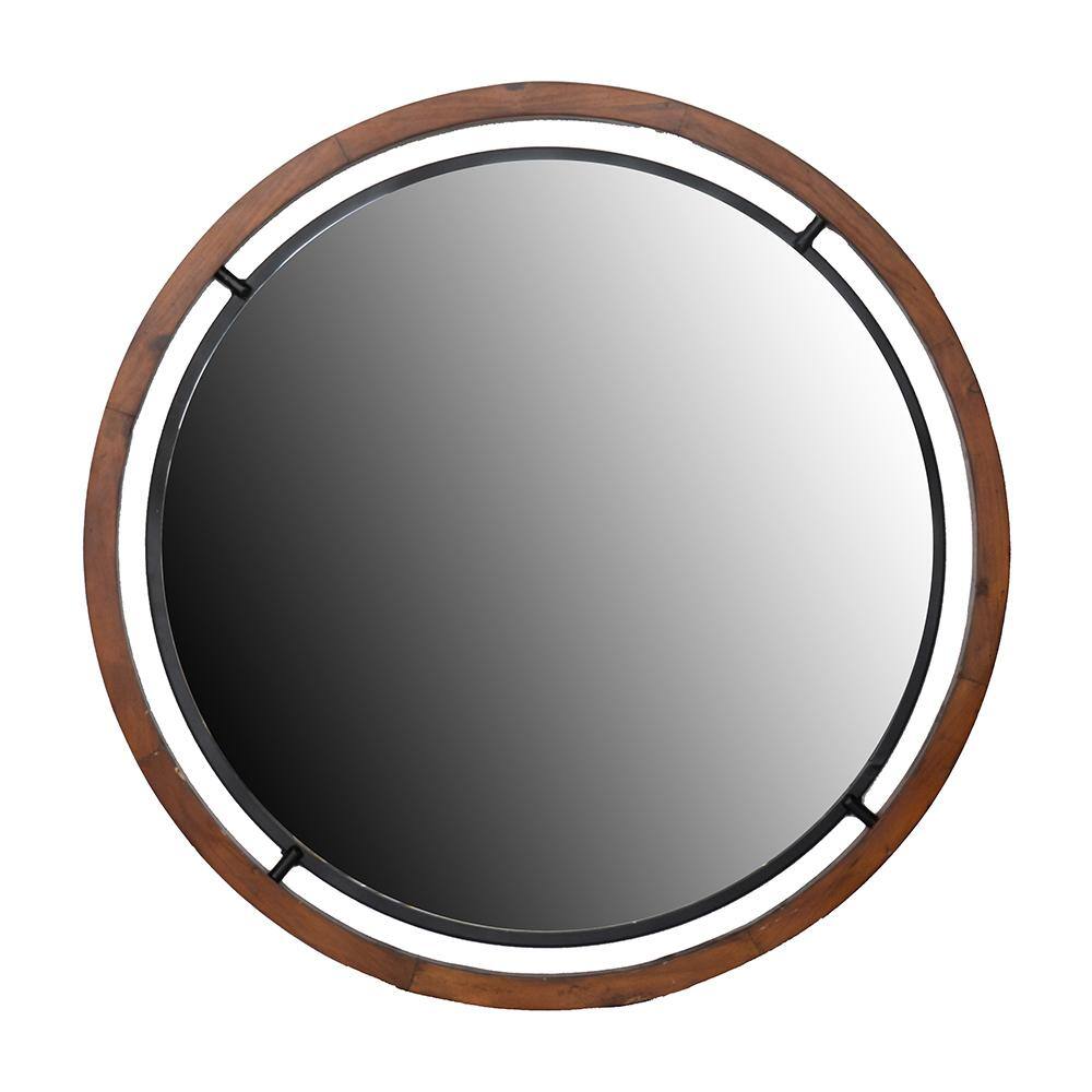 32 in. W x 32 in. H Round Wood Framed Brown Mirror for Living Room