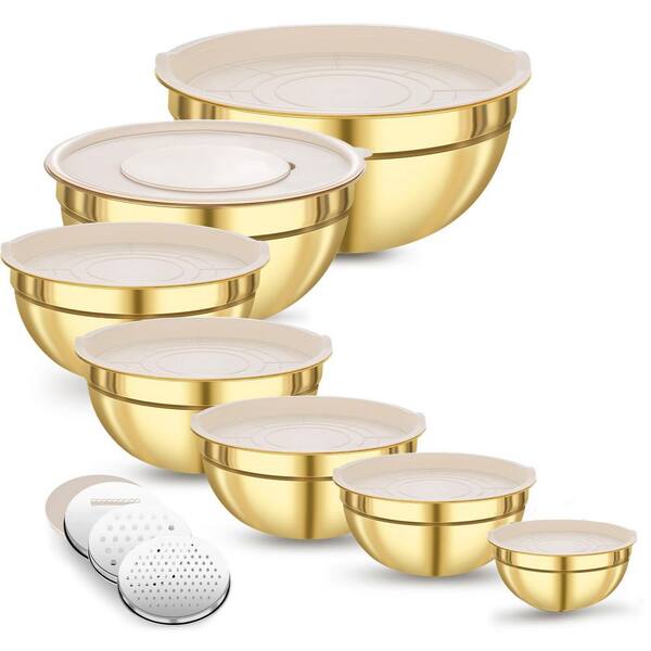 7-Piece Stainless Steel Mixing Bowl Set with Airtight Lids and 3-Grater Attachments Silver Nesting Bowls