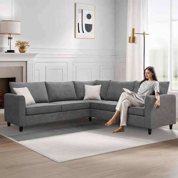 Harper & Bright Designs 91 in. W Shelter Arm 3-Piece Polyester Upholstered L-Shaped Sectional Sofa in Gray with 3-Pillows