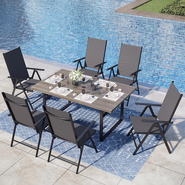 PHI VILLA 7-Piece Metal Outdoor Dining Set with Dark Brown Rectangular Table and Black Folding Chairs