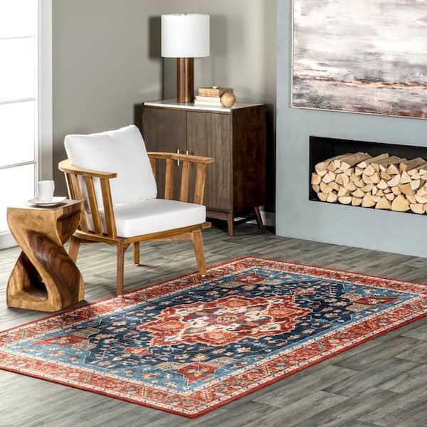Hera Spill-Proof Machine Washable Blue Doormat 3 ft. x 5 ft. Medallion Area Rug