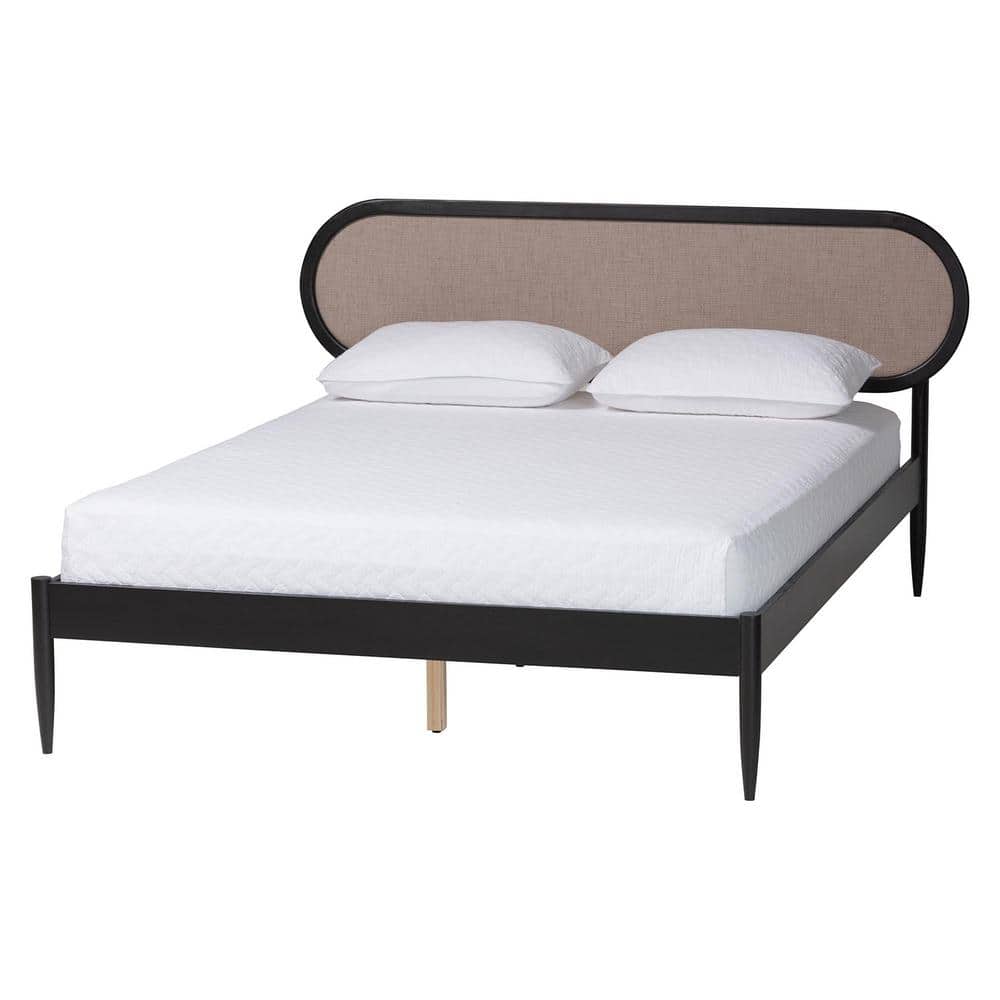 Shirin Beige Fabric and Black Wood Frame Queen Platform Bed