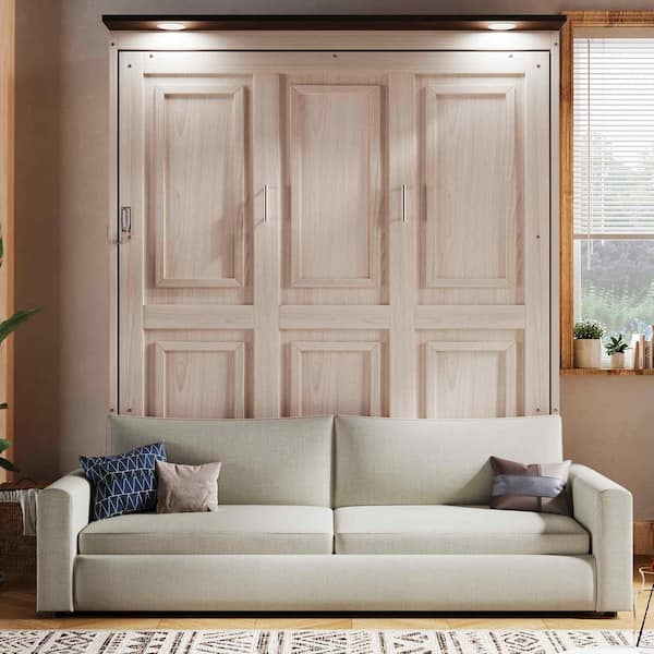Beige Wood and Metal Frame Queen Murphy Bed with Sofa and LED