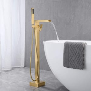 2.4 GPM Single-Handle Floor Mount Freestanding Tub Faucet with Hand Shower and Built-in Valve in Brushed Gold