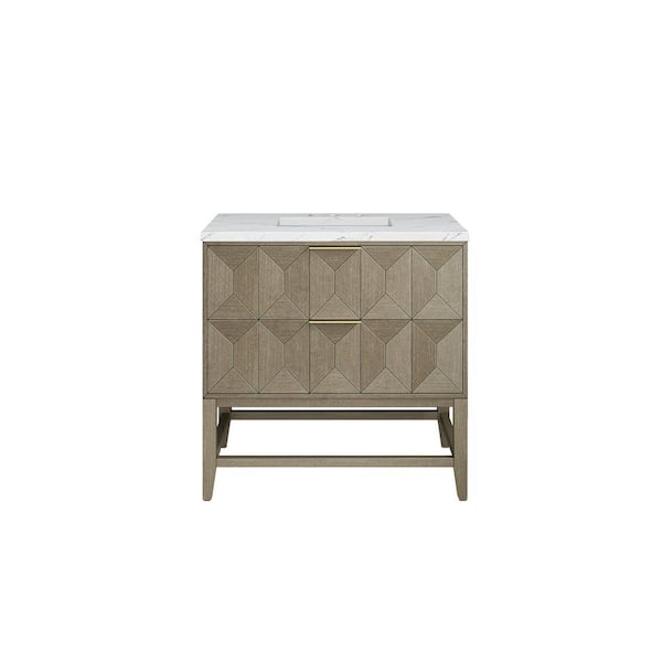 James Martin Vanities Emmeline 36.0 in. W x 23.5 in. D x 37.2 in. H Bathroom Vanity in Pebble Oak with Ethereal Noctis Qt. Top