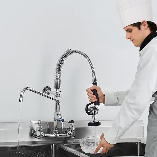 Commercial Wall Mount Triple Handle Pull Down Sprayer Kitchen Faucet with Pre-Rinse Sprayer Stainless Steel in Silver