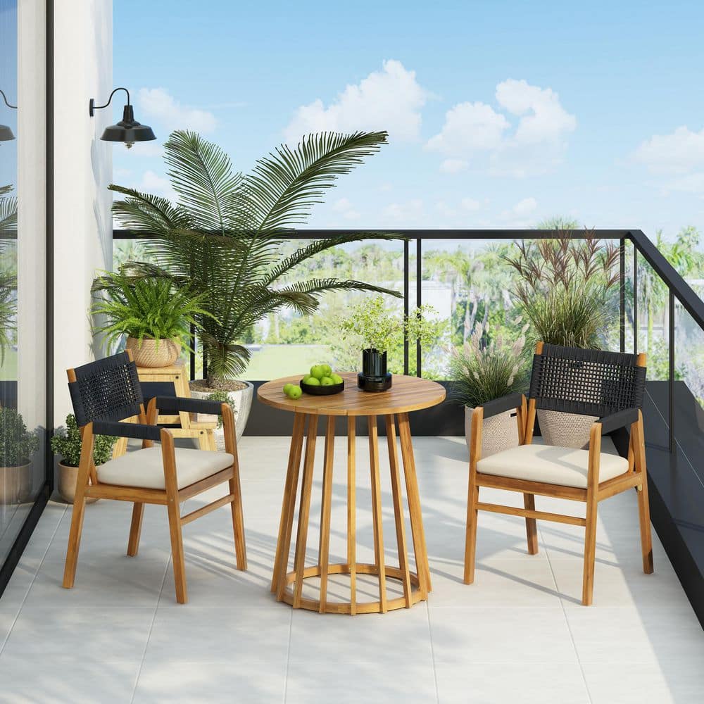 Allen 3-Piece Teak Finish Wood and Black Rope Round Patio Outdoor Bistro Set with Beige Cushions, Drum Table Base price history on PriceWatchPro