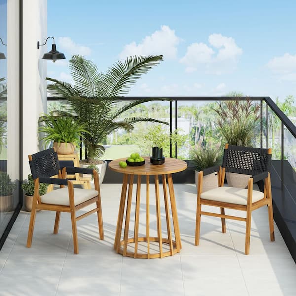 CHRISTOPHER KNIGHT HOME Allen 3-Piece Teak Finish Wood and Black Rope Round Patio Outdoor Bistro Set with Beige Cushions, Drum Table Base