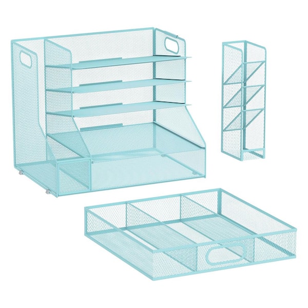 1-Pack Desk Organizer with 5-Tier Mesh Paper Letter Tray, Pen Holder, Drawer, 3-Tilted File Sorter, Blue