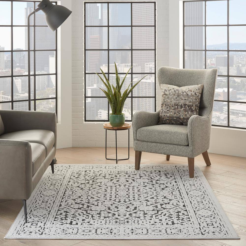 Dark Grey Floral Synthetic 4' x 6' Area Rug