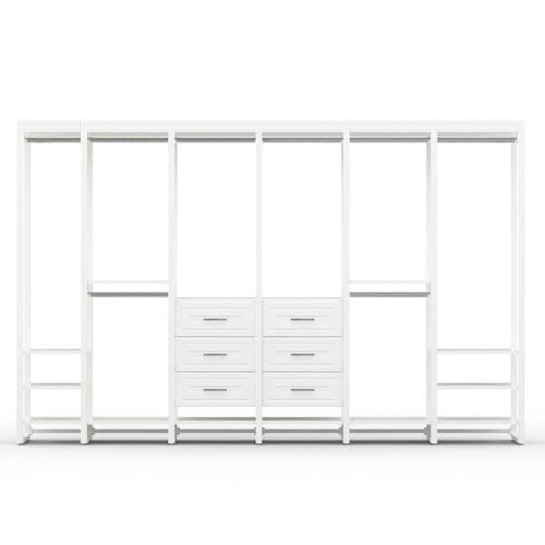 CLOSETS By LIBERTY 132 in. W White Adjustable Wood Closet System with 16-Shelves, 6-Rods and 9-Drawers