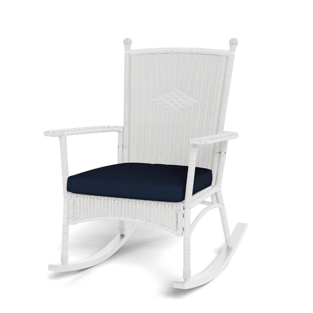 Portside Coastal White Wicker Rocking Chair with Navy Cushion