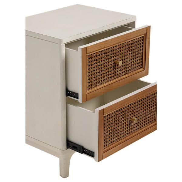 White and Brown 2-Drawer Cane Front Nightstand with Brass Knobs