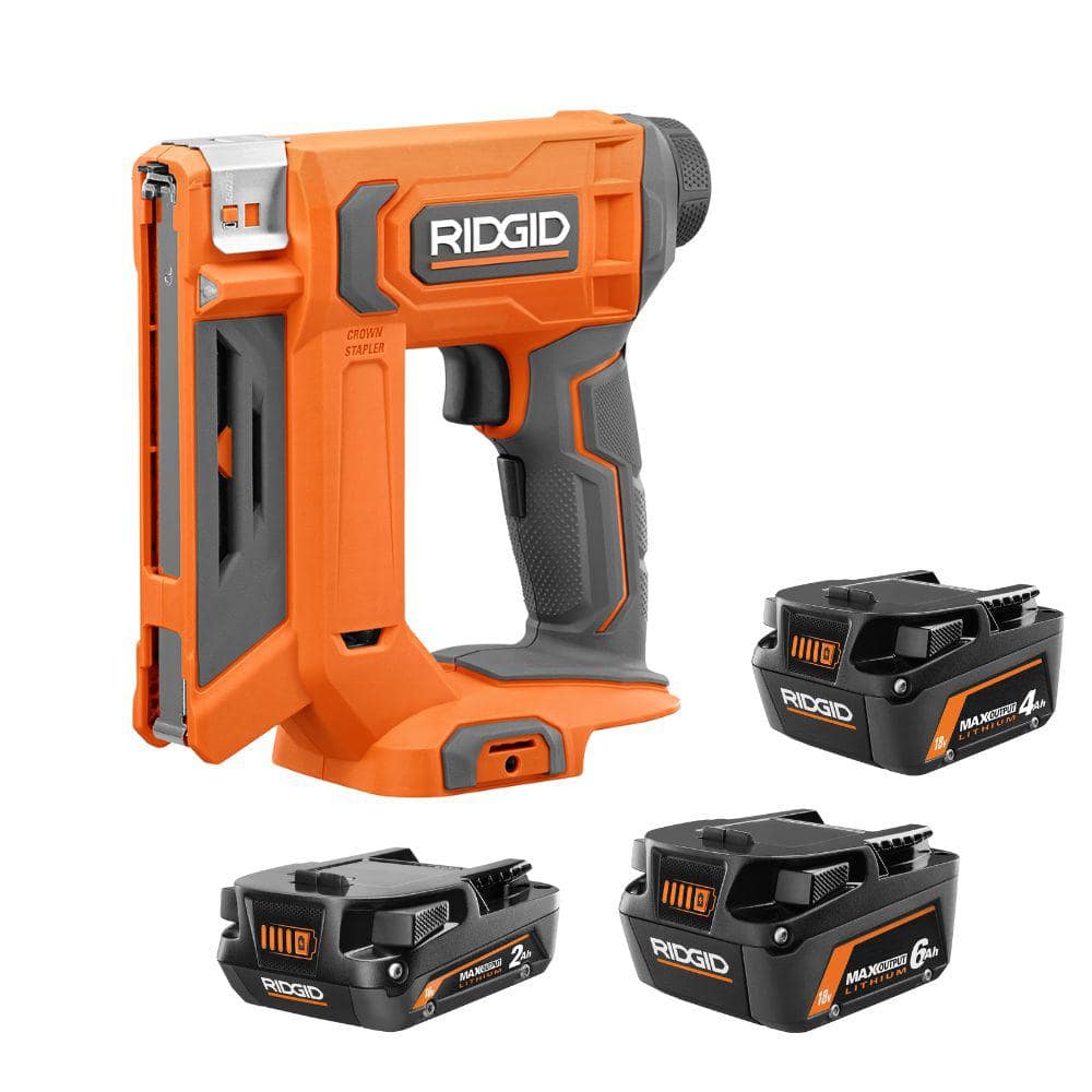 RIDGID 18V Lithium-Ion MAX Output 6.0 Ah, MAX Output 4.0 Ah, and MAX Output 2.0 Ah Batteries w/ Cordless 3/8 in. Crown Stapler -  R84002460R09897