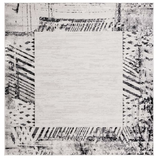 Skyler 7 ft. x 7 ft. Ivory Gray/Black Distressed Border Square Area Rug