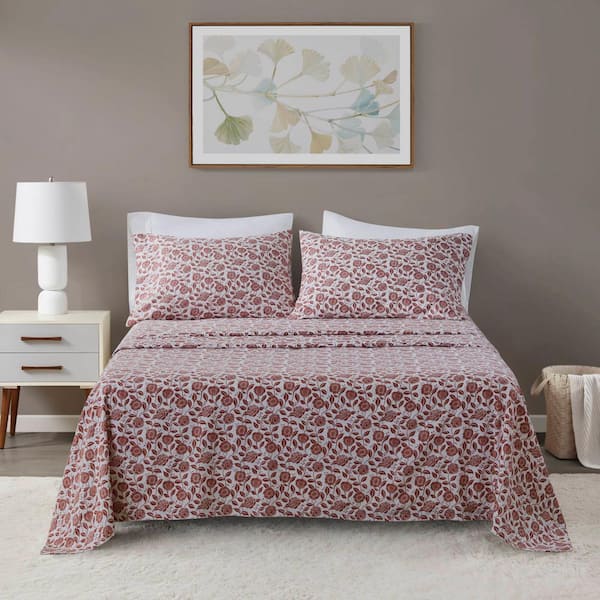 Oversized Cotton Flannel 4-Piece Rust Floral Cotton Full Sheet Set