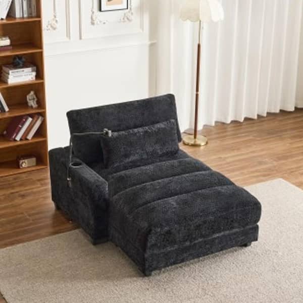 Black Chenille Straight Arm Chaise Lounge with Cup Hoder and USB Port for Living Room, Bed Room
