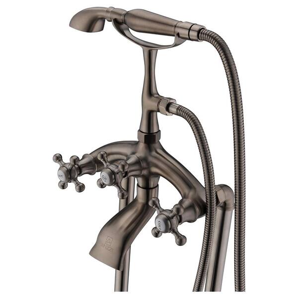 3-Handle Clawfoot Tub Faucet With Hand Shower – Brushed Nickel, Freestanding Floor Mount Design, Tugela Series