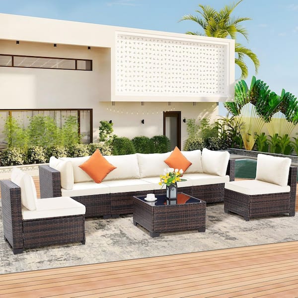 Gray 7-Piece Wicker Patio Outdoor Sectional Furniture Set with Gray Cushions