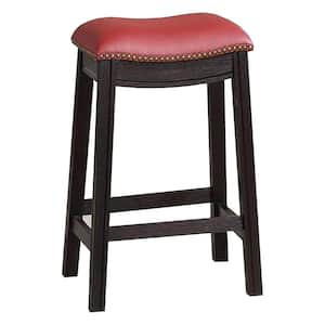 24 in. Gray and Red Backless Wooden Frame Counter Stool with Polyurethane Seat (Set of 2)