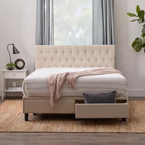 Morgan Cream White Wood Frame Queen Platform Bed with Storage Drawers
