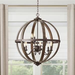 Keowee 28-1/4 in. 9-Light Artisan Iron Farmhouse Orb Chandelier with Rustic Distressed Elm Wood Accents