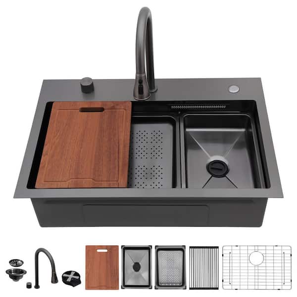 31 in. Drop-In/Topmount Single Bowl 16 Gauge Stainless Steel Workstation Flying Rain Kitchen Sink with Faucet