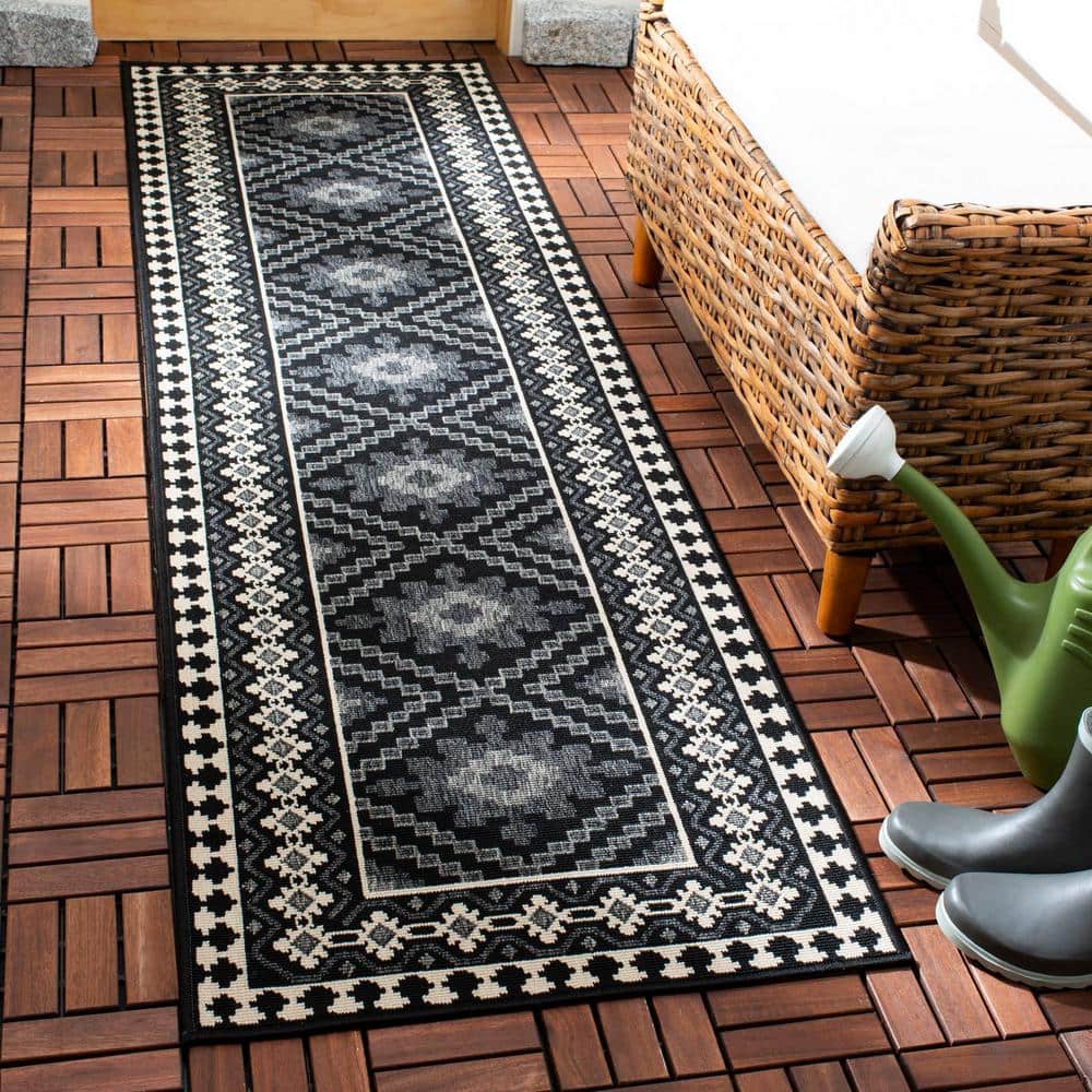 Reversible Easy-Care Black and Cream Synthetic Runner Rug, 2'3" x 12'
