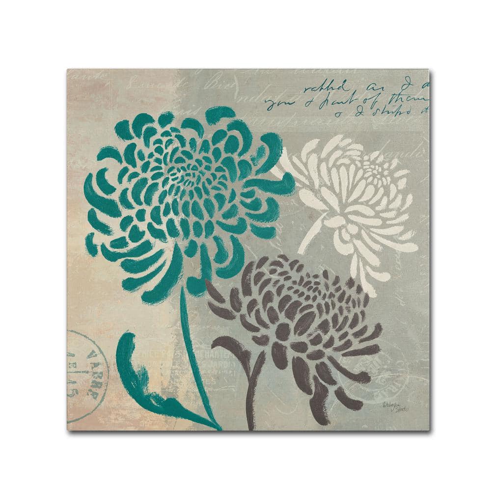 Chrysanthemums I Teal and Gray Canvas Wall Art