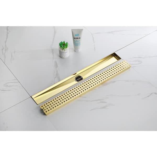 Satico Stainless Steel Square Shower Floor Drain with Square Pattern Drain Cover, Brushed Gold