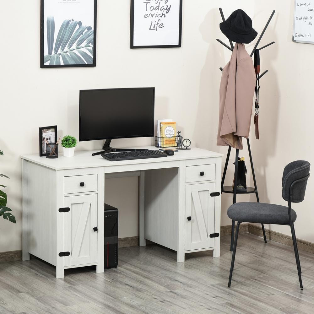 White Wood Writing Desk with Drawer and Filing Cabinet