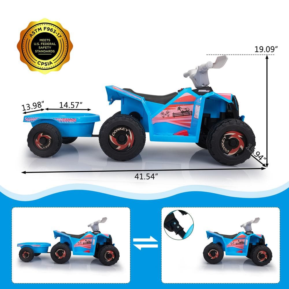 Blue 6-Volt Kids Ride-On ATV Quad with Trailer