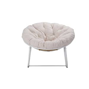 Metal Round White Frame Outdoor Rocking Chair with Beige Cushion