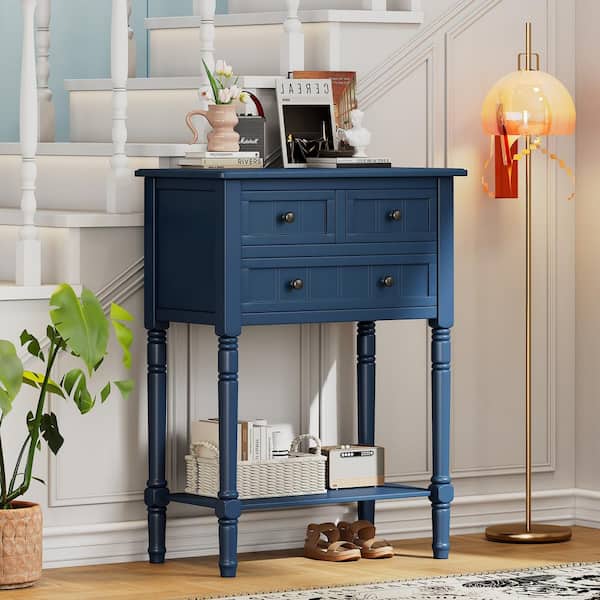 23.7 in. Navy Rectangle Wood Console Table with Tapered Legs, Bottom Shelf and 3-Drawers
