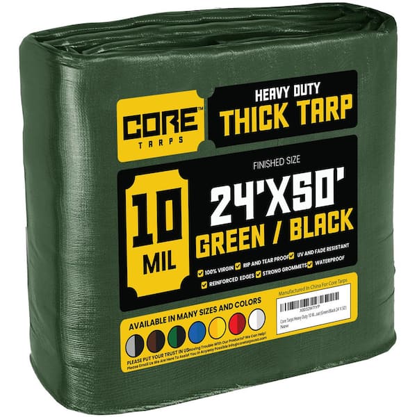 CORE TARPS 24 ft. x 50 ft. Green/Black 10 Mil Heavy Duty Polyethylene Tarp, Waterproof, UV Resistant, Rip and Tear Proof