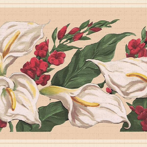 Dundee Deco Falkirk Dandy II White Red Green Blooming Flowers Floral Peel and Stick Wallpaper Border