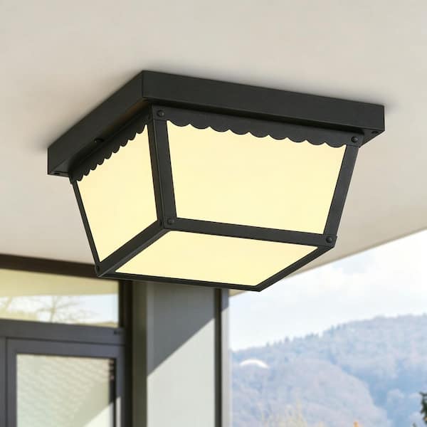 Classic 2-Light Black Outdoor Flush Mount Ceiling Light with Frosted Glass Shade,9.3 in., No Bulb Included