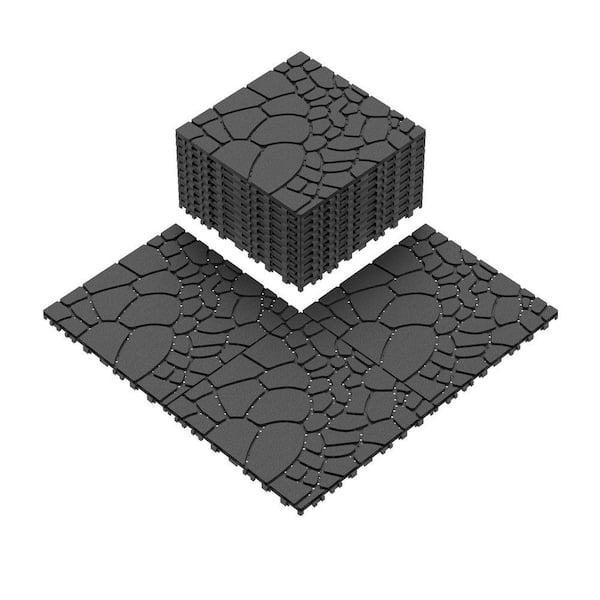 12 in. x 12 in. Plastic Gray DIY Module Stone Texture Interlocking Floor Outdoor Patio Deck All-Weather Tiles (44-Pack)