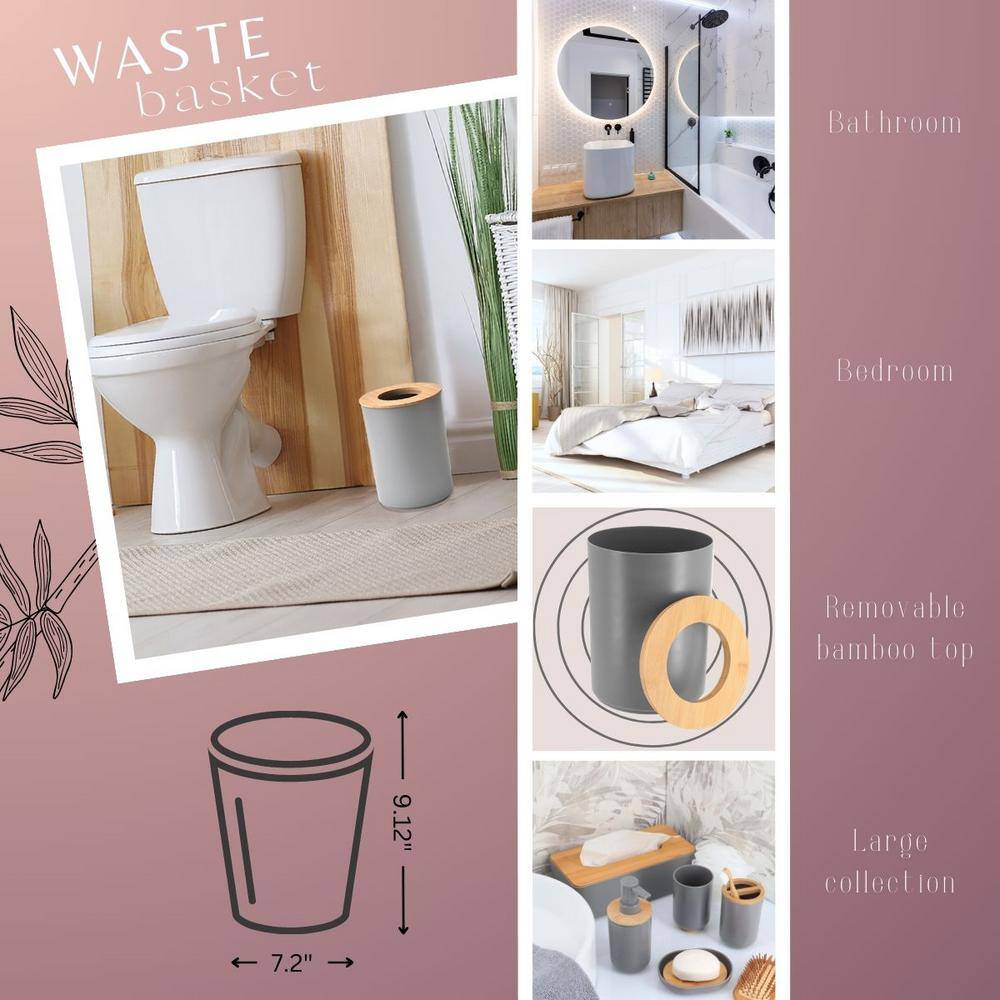 Gray Bamboo Top Bathroom Trash Can for Kids, 1.3 Gal