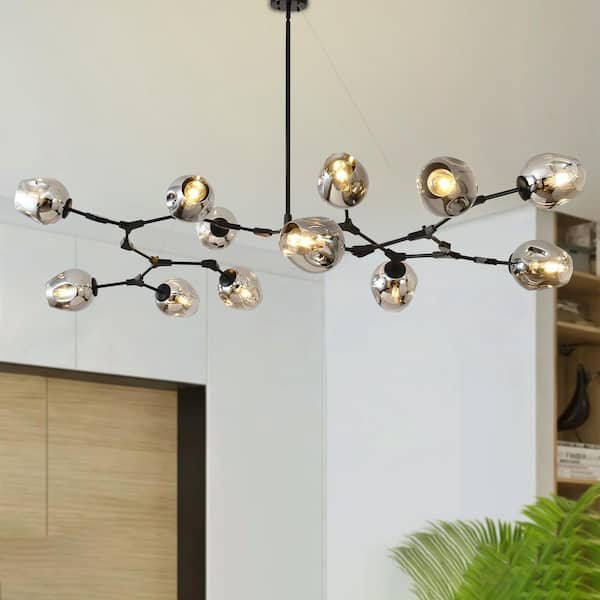 12 Lights Chandelier Black Ceiling Light Fixture Sputnik Modern Chandeliers for Dining Room Living Room with Globe Glass