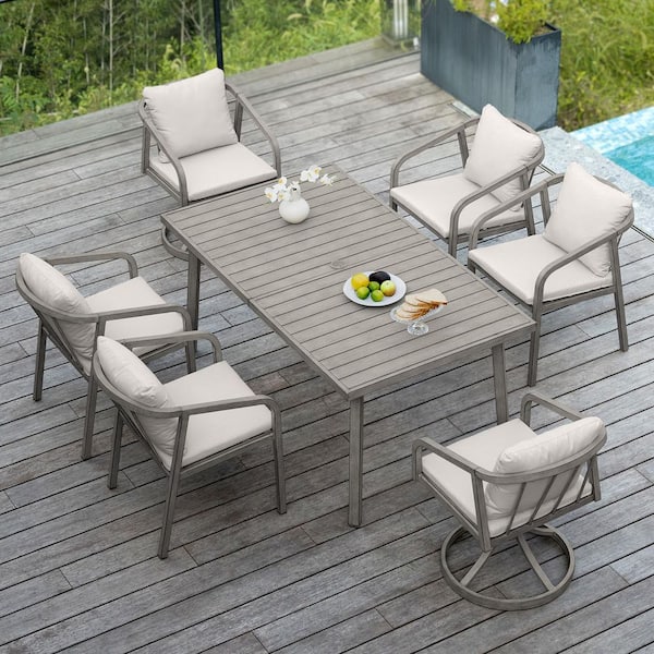 Bone Gray 7-Piece Aluminum Outdoor Dining Set with Beige Cushions