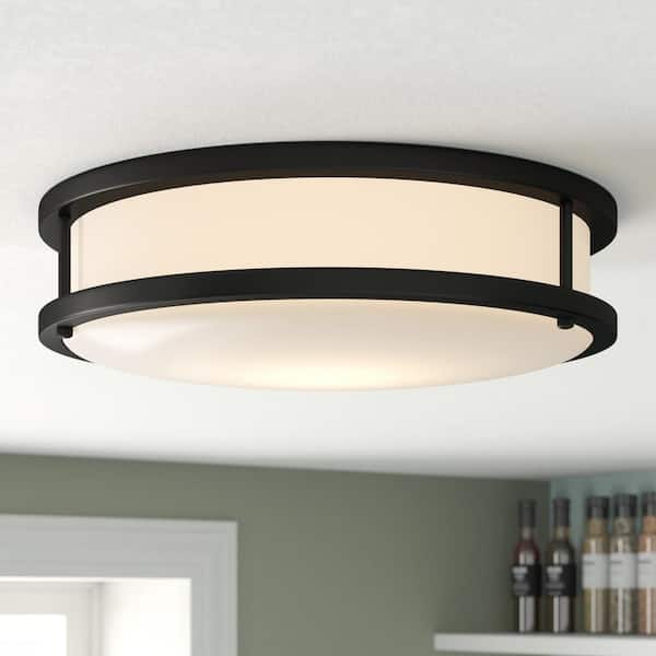 EnviroLite 14 in. Industrial Matte Black Selectable CCT Integrated LED Flush Mount for Kitchens