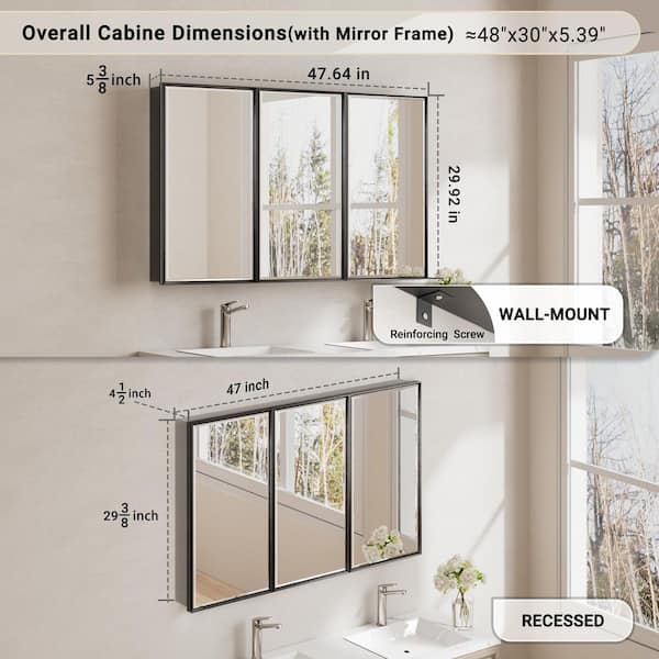 Musey 48 in W x 30 in H Black Rectangular Aluminum Medicine Cabinet with Beveled Mirror and Shelves, Recessed or Surface