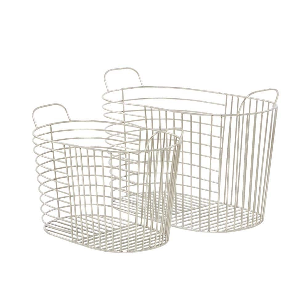 Silver Oval Metal Baskets with Handles - Set of 2