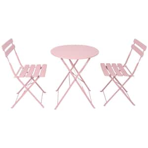 3-Piece Metal Foldable Outdoor Bistro Balcony Chair Table Set with White Cushions, Pink