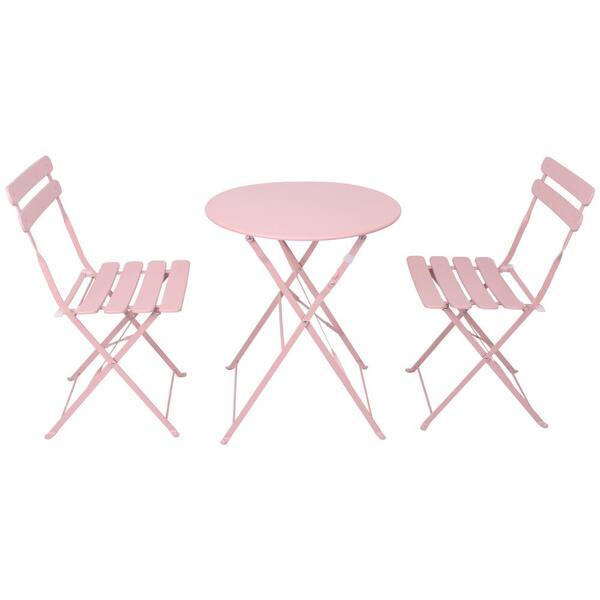 AUTMOON 3-Piece Metal Foldable Outdoor Bistro Balcony Chair Table Set with White Cushions, Pink