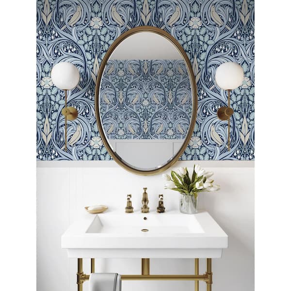 57.5 sq. ft. Denim and Blue Mist Bird Scroll Unpasted Nonwoven Wallpaper Roll