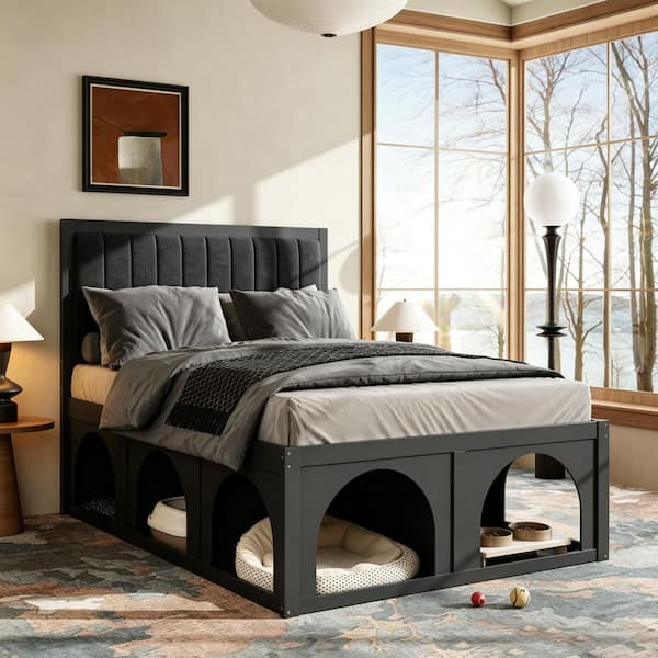 Black Wood Frame Full Platform Bed with Built-in Pet Nook, Arched Storage Space and Velvet Channel Tufted Headboard