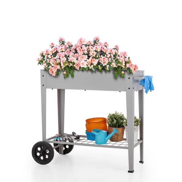 PHI VILLA Steel Elevated Garden Bed Raised Planter Box With Shelf and Wheels in Gray